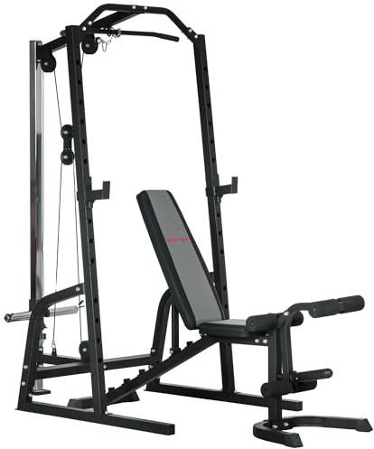 SPORTNOW Smith Machine & Cable Pulley System with Adjustable Weight Bench, Multifunction Home Gym Power Rack with Lat Pull Down System, Barbell Rack for Full Body Training, Black