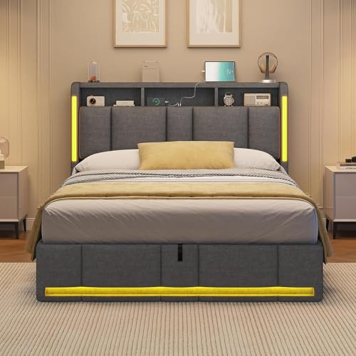 AOGLLATI Canape 140x200 con Almacenamiento Hidráulico, Camas Matrimoniales con Estación de Carga y Iluminación LED, Estructura Cama con Cabecero Tapizado, Gris Oscuro (Sin Colchón)