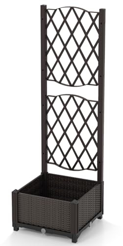 TANGZON Garden Planter Box, Outdoor Trough Planter Raised Bed with Trellis Panel, Climbing Flower Plant Pot for Patio Yard (PE, Brown, 40 x 40 x 122cm)