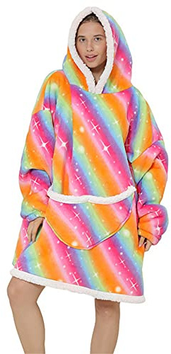 Surwin Sweat à Capuche Surdimensionné Femme Long Chaude et Doux Arc-en-Ciel Étoilé en Polaire Confortable Couverture à Capuche Portable avec Poche pour Adulte Homme
