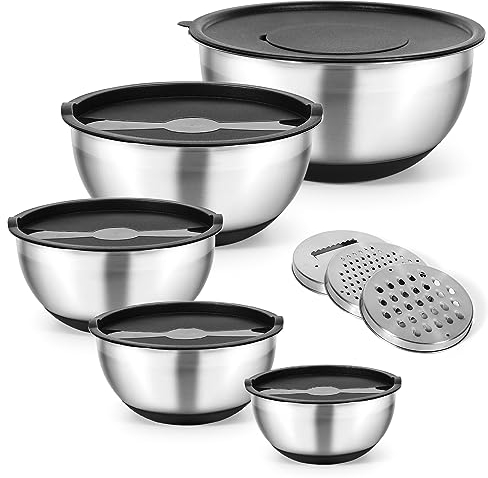 Cinnani Edelstahl Schüssel 5er-Set, Rührschüsseln, Salatschüssel, Küchenschüssel mit Deckeln, Multifunktional schüsseln mit 3 Reibenaufsätzen und Rutschfestem Silikonboden, Stapelbar