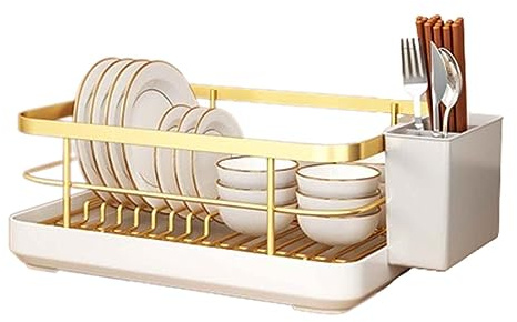 JUSHZ Dish Rack Dish Drying Rack Over Sink Drainer Draining Rack with Drip Tray ABS with Cutlery Holder Removable Basket Scratch Resistant Slip Resistant Space Saving (Gold 34x26x15CM)