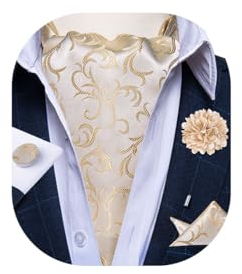 DiBanGu Ascot Krawatten für Herren, Jacquard-Krawatte, Einstecktuch, Manschettenknöpfe mit floralem Anstecknadel, 4 Stück, Beige 2101, Einheitsgröße