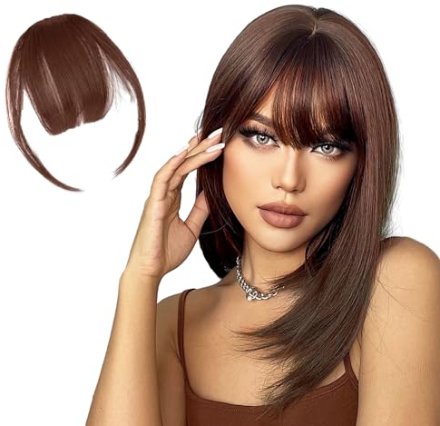 Clip in Pony, Abeillo Haarteile Echthaar, Haarfransenverlängerungen, Haarteil für Frauen, Hair Extensions Clip in, Bangs mit Schläfen, Gebogener Luft Pony Clips für den Täglichen Gebrauch (Hellbraun)