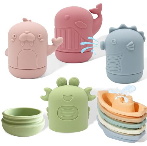 ATAUSD 9 Stück Badewannenspielzeug, Badespielzeug Silikon Badewanne Spielzeug, Baby Badewannenspielzeug Spritztiere Boot Wasserspielzeug Geschenke für Babys Kleinkinder, Ozean