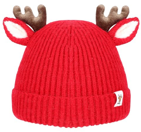 COMNICO Bonnet de Noël d'Hiver pour Enfants - Avec Oreilles et Bois de Cerf - Épais et Chaud - Accessoire pour Bébé - Rouge