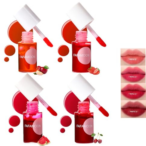 Baorder 4PCS Korean Lip Gloss Set, Lip Tint Stain Set,Mini Liquid Water Tint,Moisturizing Natural,Long Lasting Waterproof,Multi-Use Lip and Cheek Tint(Apple& Strawberry& Watermelon& Cherry)