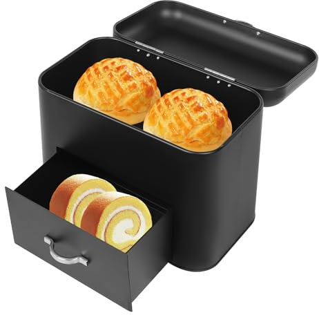 Tyvotrend Bread Bin, 2 Layer Metal Bread Boxes, Bread Storage Bin with Top Lid and Drawers, Vintage Bread Fresh Keeper Organizer, for Kitchens, Bakeries, Dessert Shops, Black, 30x18x26cm