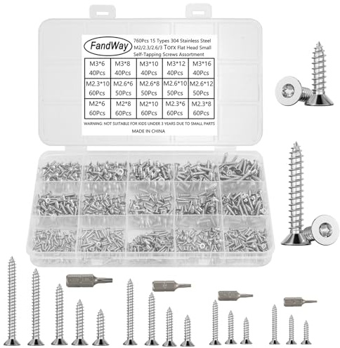FandWay 760 Pièces Vis a Autotaraudeuses Tête Fraisée Torx,M2 M2.3 M2.6 M3 Petites Vis à Bois Tête Plate Acier Inox 304,Mini Tôle Autoperceuses Fileté Avec T6 T7 T8 T10 Bit.