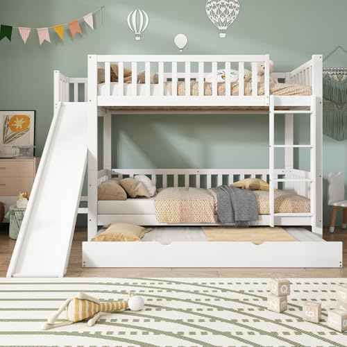 KOMHTOM Lit Superposé en Bois avec Toboggan – Cadre de Lit Gigogne 90x190 cm, Barrière de Sécurité et Échelle – Sommier à Lattes – Design Moderne et Robuste (Blanc-H)