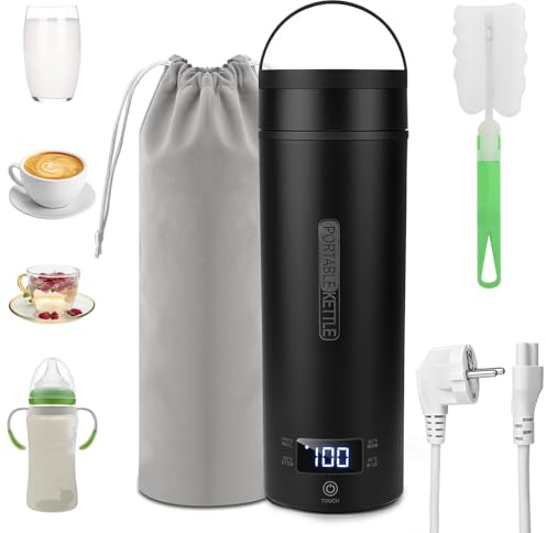 Bollitore Elettrico da Viaggio,450 ml Mini Bollitore Portatile,Tazza D'acqua in Acciaio Inox 316 con Regolazione Della Temperatura,Spegnimento Automatico per Latte per Bambini,Tè, Caffè,Campeggio,Nero