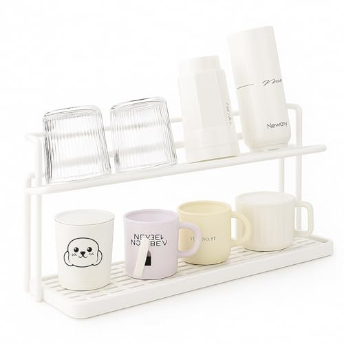 Thrink 2-Tier Bottle Drying Rack & Cup Storage Stand – Black Steel Mug Holder with Removable Drip Tray – Space-Saving Organiser for Kitchen Counter, Coffee Mugs, Tumblers, Jugs & Glassware (White)