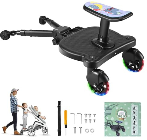 Joycushy Buggy Board, Universal Buggy Board with Seat & LED Wheels, Black Pram Standing Kiddy Board, Pram Accessory for Toddlers from 2-6 Years (Load 25 kg) Compatible with 99% Stroller