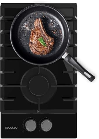 Cecotec Placa de Gas 2 Fuegos Bolero Squad GN 2200F Glass Black. Preparada para Gas Natural, Cristal Negro, Parrillas Individuales de Hierro Fundido, Quemador Wok, Seguridad Válvulas