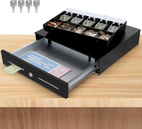 Beelta 18 Cash Rigister Drawer High Capacity- Removable 5Bill/5Coin Insert Tray, Auto Electronic Open, RJ11/12 Cable, 24V, Key Lock, Double Media Slots Cash Box