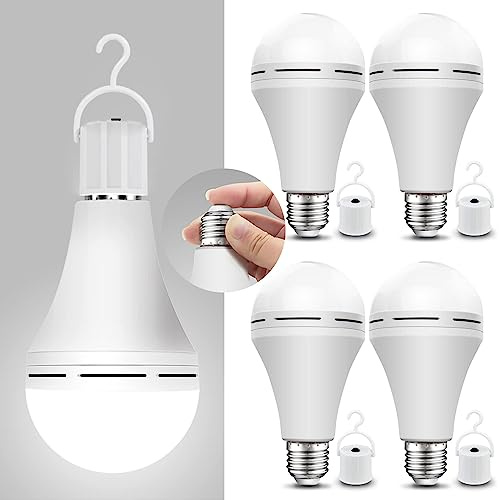 Neporal 4 Pack Emergency-Rechargeable-Light-Bulb, Stay Lights Up When Power Failure, 1500mAh 15W 80W Equivalent LED Light Bulbs for Home, Camping, Tent (E27, with Hook) (Daylight)