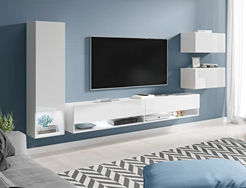 PIASKI Conjunto de Muebles de salón Amadeo, iluminación LED Opcional, Juego de Muebles de salón, Distintos Colores, Mueble Colgantes (Blanco Brillo, con iluminación LED)