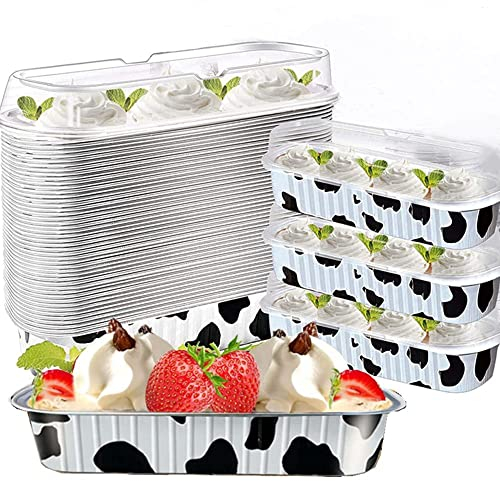 Paquete de 50 latas para hornear con tapas, 7.5 onzas 6.5 x 2.5 x 1.2 pulgadas sartenes para hornear de aluminio con tapas, mini moldes rectangulares para magdalenas