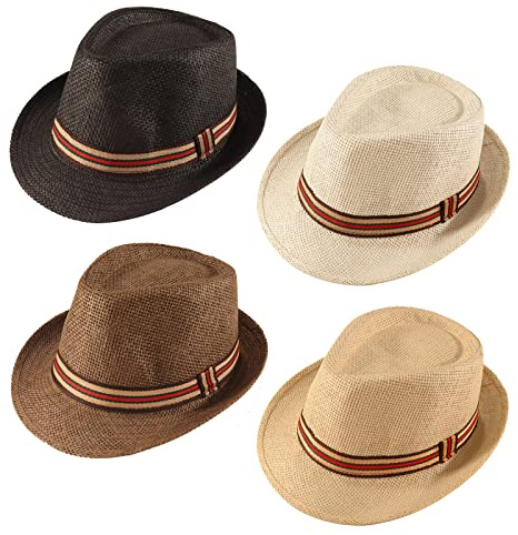Forwe 4 Pack Straw Fedora Hat for Men Women Short Brim Trilby Hat Classic Panama Summer Beach Sun Hat (B-03)