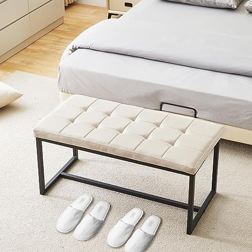 CLIPOP 1PC Dining Room Bench Seat Velvet Padded Cushioned Hallway Benches with Metal Frame Lounge Long Dinner Stool for Kitchen Bedroom Living Room Hallway (cream)