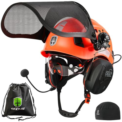 GREEN DEVIL Forestry Chainsaw Safety Helmet with Bluetooth Ear Muffs Arborist Helmet Hard Hat with Built-in Visor Mesh Face Shield 5 in 1 System Logging Garden Work Hardhats for Men Women