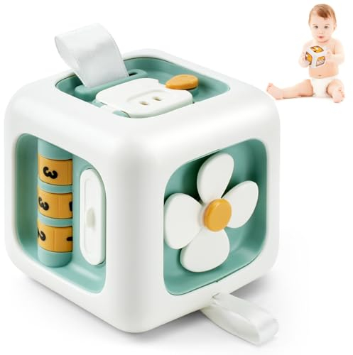 GUIGUZHJ Baby Spielzeug Montessori ab 1 2 3 Jahr, Motorikspielzeug Multisensorisches für Babys Kleinkinder, Motorikwürfel Lernspielzeug Geschenk für Jungen Mädchen (Weiß Grün), 8*8*8, YJ18006