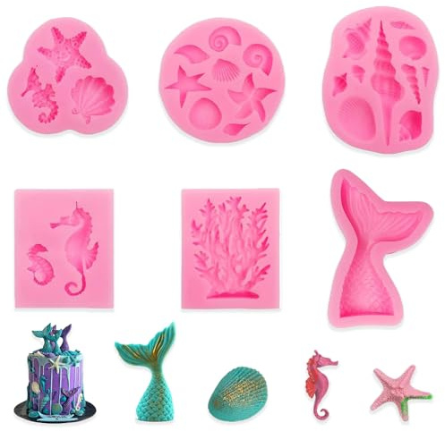 Stampi In Silicone A Tema Sirena Per Torte, 6PZ Stampi in Silicone per Fondente a Tema Marino Stampo, 3D Animale Oceano Moule en Silicone, Decorazione Torta al Cioccolato, Stampo Decorazione