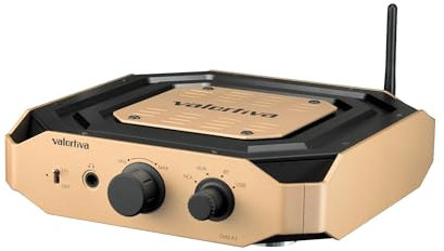 Valortiva Octa A1 Amplificador estéreo integrado | BT, RCA, AUX, entradas USB | Subwoofer, salidas de auriculares | 2.1 canales 35W HiFi Amp para sistema de audio doméstico moderno (Sunset Gold)