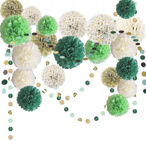 Lot de 22 Boule Papier Vert, FORMVERSITY Pompon Papier de Soie Decoration Anniversaire, Deco Mariage Sauge Pompon Papier de Soie, Decoration Bapteme Fille et Rond Guirlande Papier