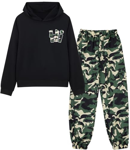 Hotfiary Boys 2 Piece Camo Tracksuit Set, Long Sleeve Hoodie Sweatshirt and Cargo Pants Clothes, Teen Hooded Pullover Top and Jogging Bottoms for Sports School Casual 6 7 8 9 10 11 12 13 Years