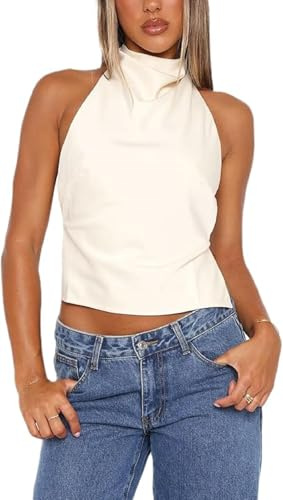 FeMereina Womens Mock Neck Satin Tank Tops Backless Silk Halter Top Sexy Open Back Sleeveless Crop Tank Top Dressy Casual (White, S)