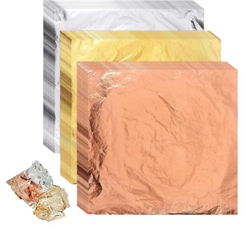 YAZWUR 120 fogli imitazione foglia d'oro per progetti artistici, decorazione e pittura, decoupage, fiocchi d'oro per mobili e unghie in resina(Tre colori) Non commestibile