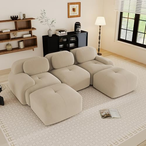 Yihomfy Canapé d'angle Modulaire Désossé, Velours côtelé Canapé 3 Places et 2 Pouf, Configuration Libre, Canapés en U de Salon, sans Montage (Beige, 3 Sièges + 2 Pouf)