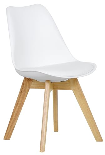 WOLTU Esszimmerstuhl mit Massivholz Beinen, Skandinavische Küchenstühle, Retro Design, Sitzfläche aus Kunstleder, bis 150 kg belastbar, Weiß