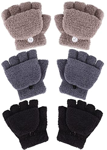 Boao 3 Pairs Kids Fingerless Convertible Gloves Soft Knitted Flip Top Mittens Winter Gloves for Boys and Girls(4-11 Years)