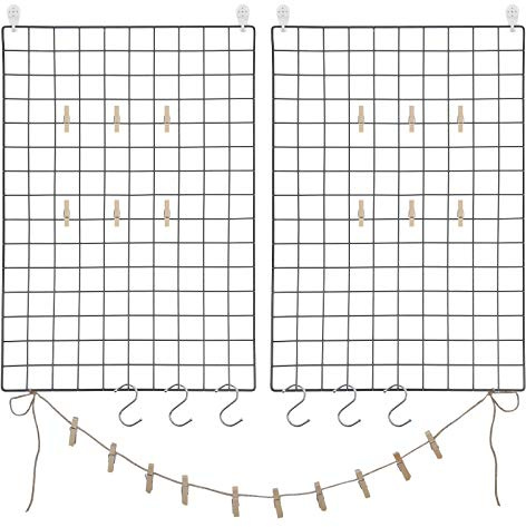 SONGMICS Juego de 2 Paneles de Malla, Pantalla para Foto, 65 x 45 cm, Decoración de Pared Metálica, Múltifuncional, Bricolaje, Exhibición de Arte, Gancho S, Pinzas, Cordón de Cáñamo, Negro LPP02H