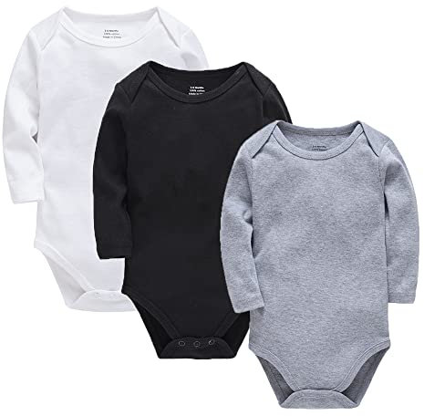 wocharm Long Sleeve Baby Bodysuit Vests Infant Solid Clothes for Boys and Girls 3 Pack(Black+Grey+White,12-18Months)