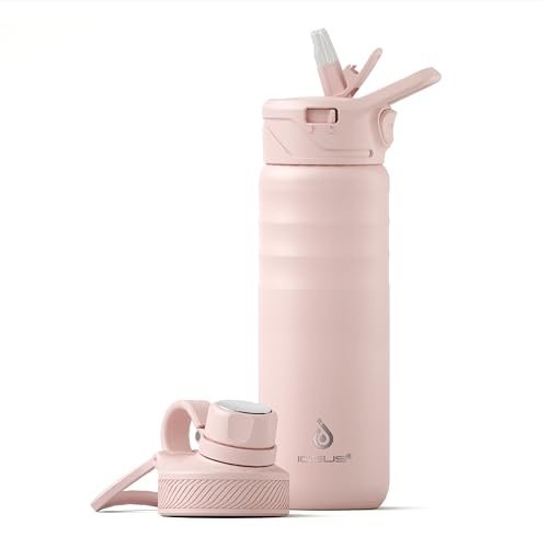 IDEUS Botella de agua aislada al vacío de 710 ml, botella de agua de acero inoxidable a prueba de fugas, botella de agua de doble pared, cantimplora deportiva de metal con 2 tapas