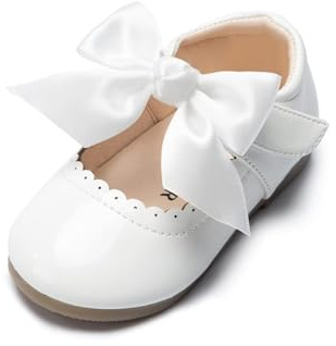 Fromosa Toddler Girls Mary Jane Dress Shoes Ballet Flats Little Flower Girls Slip-On White Bowknot Princess Baptism Wedding Party Casual Soft Walking School Uniform Moccasins Shoes 4.5 Size