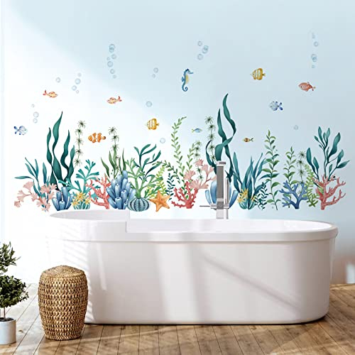 decalmile Wandtattoo Unter dem Meer Seetang Wandaufkleber Fische Korallen Bordüre Wandsticker Kinderzimmer Babyzimmer Badezimmer Wanddeko
