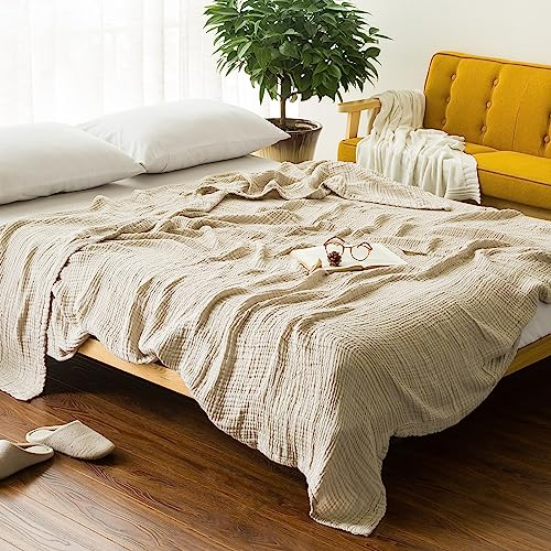 EMME Baumwolldecke 100% Musselin Decke Erwachsene 228 x 228 cm, Sofadecken Atmungsaktive Weiche Groß Decke Alle Jahreszeiten Vorgewaschen Couch Decken Baumwolle Tagesdecke,Beige