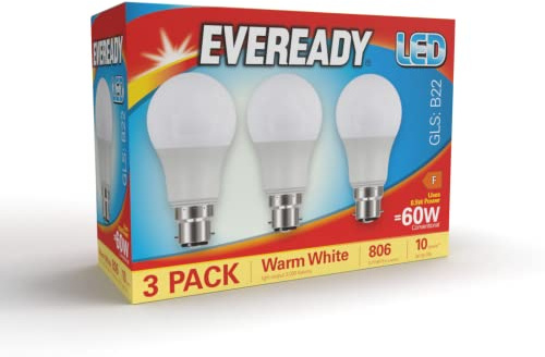 Eveready Bayonet Light Bulb 60w, B22 LED Bulbs Warm White 2700K, LED BC Energy Saver Bulb, 806 Lumen, Non-Dimmable, 3-Pack