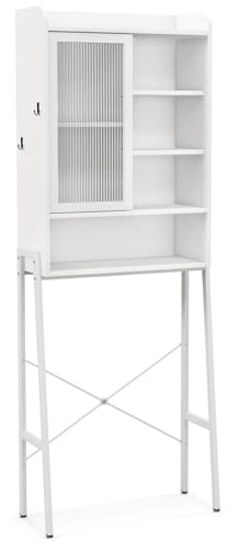 LIFEZEAL Armadietto Sopra WC per Bagno, Scaffale Sopra Lavatrice, Mobiletto Bagno a Terra, in Legno, Salvaspazio, Moderno, a Anta, Antiribaltamento, Ripiani Aperti e Regolabile (bianco)