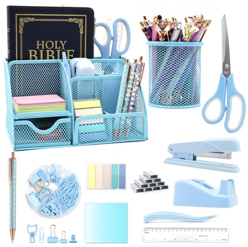 12 in 1 Blue Desk Organizers and Accessories Set blue Office Supplies Include blue Stapler Pen Holder Tape Holder Staples Scissors Ruler Staple Remover for Home School Gifts for Coworkers Woman Men