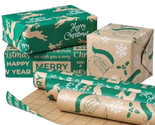RUSPEPA Weihnachts-Geschenkpapierrolle aus Kraftpapier – 43,2 cm x 3 m pro Rolle, insgesamt 3 Rollen – Weihnachtsmann, Rentier und Text