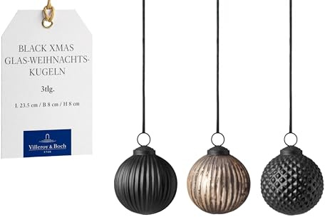 Villeroy & Boch – Black Xmas Ornamente Weihnachten Set 3 teilig Schwarz, Weihnachtskugeln, Baumschmuck, Weihnachtsdekorationen, Moderne Deko Weihnachten, Christbaumkugeln, Edelstahl und Glas