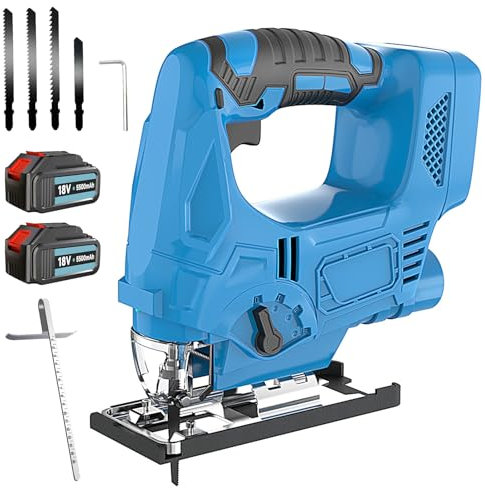 Jigsaw Cordless, 18v Jigsaw with 2X 5.5Ah Batteries, Electric Jig Saw Tool with 0-3000SPM Speed, ±45° Bevel Cutting, Tool-Free Blade Clamp, Led Light and Laser Guide, 3 Wood Blades and 1 Metal Blade