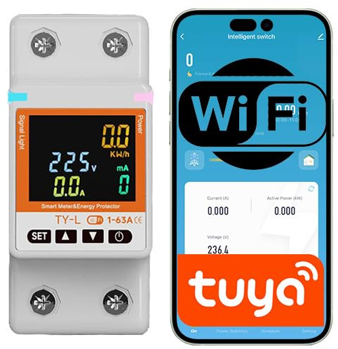 Sone Smart One WLAN Hutschiene Schalter 63A – WiFi Stromzähler mit Zeitschaltuhr – App Steuerung (Tuya, Smart Life) – 13.000W/6.000W – Energiemessung, Schutz, LCD – Alexa Google kompatibel