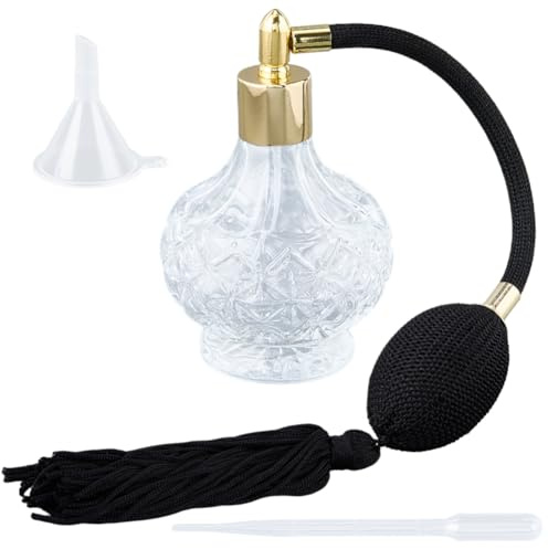 GORGECRAFT 100ml Flacon de Parfum Vintage avec Airbag Vaporisateur Flacon de Parfum en Cristal Transparent Noir Rechargeable Vide en Verre avec Longs Pompons avec Entonnoir Compte Gouttes Cocktail