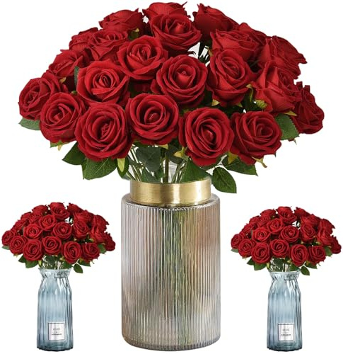 Fausse Fleur Artificielles Roses, 12 Pièces Longues Tiges Fausse Roses, 19.68in Faux Rose Bouquet, Fleurs Artificielles de rose, pour Bouquets de Mariée, Mariages, Décorations de Fête (Rouge Vif)